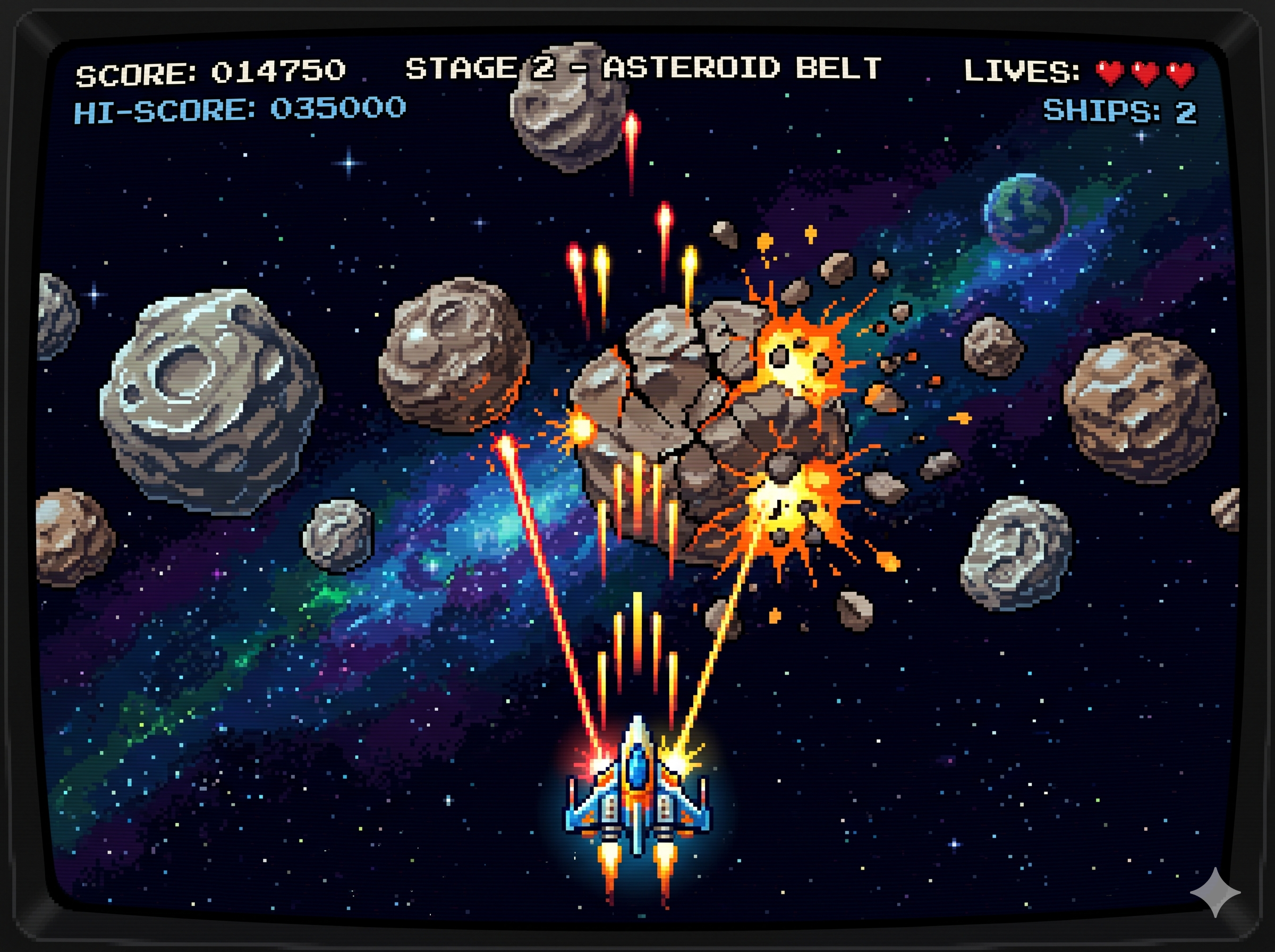 Gráficos pixel art de un videojuego clásico de naves espaciales disparando a asteroides