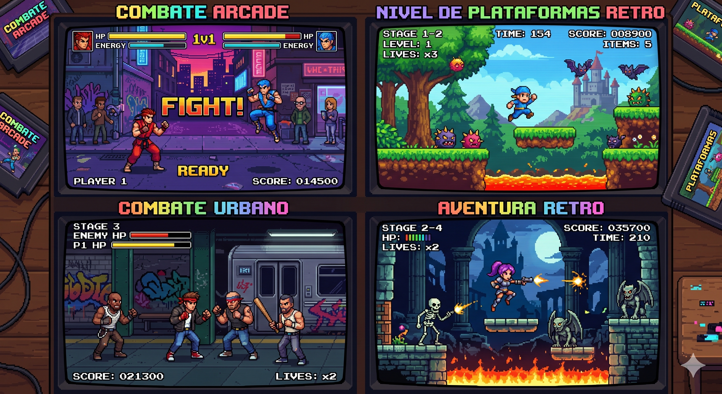 Capturas de pantalla estilo pixel art mostrando combates arcade y niveles de plataformas retro